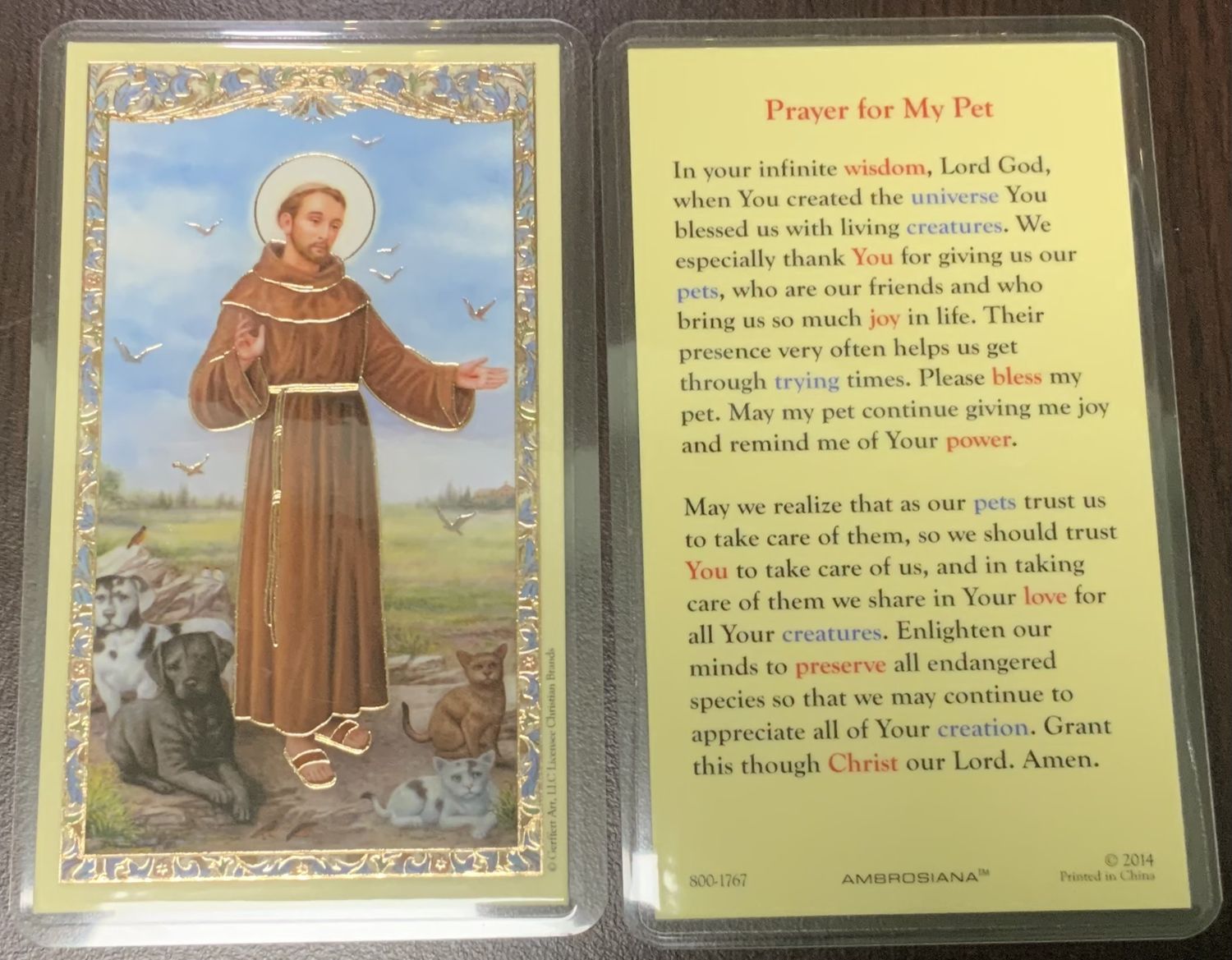 PRAYER FOR MY PET HOLY CARD