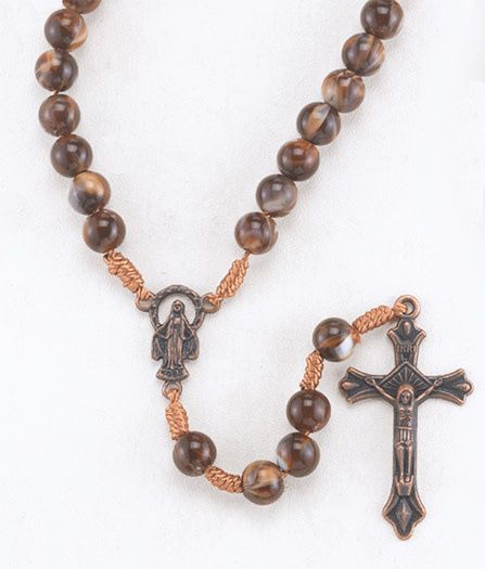 MARBLEIZED BEAD ROSARY BRW W/METAL CRUCIFIX 15&quot;