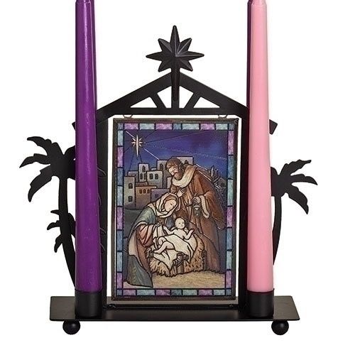 NATIVITY - STAINED GLASS CANDLEHOLDER - 9.7&quot; H