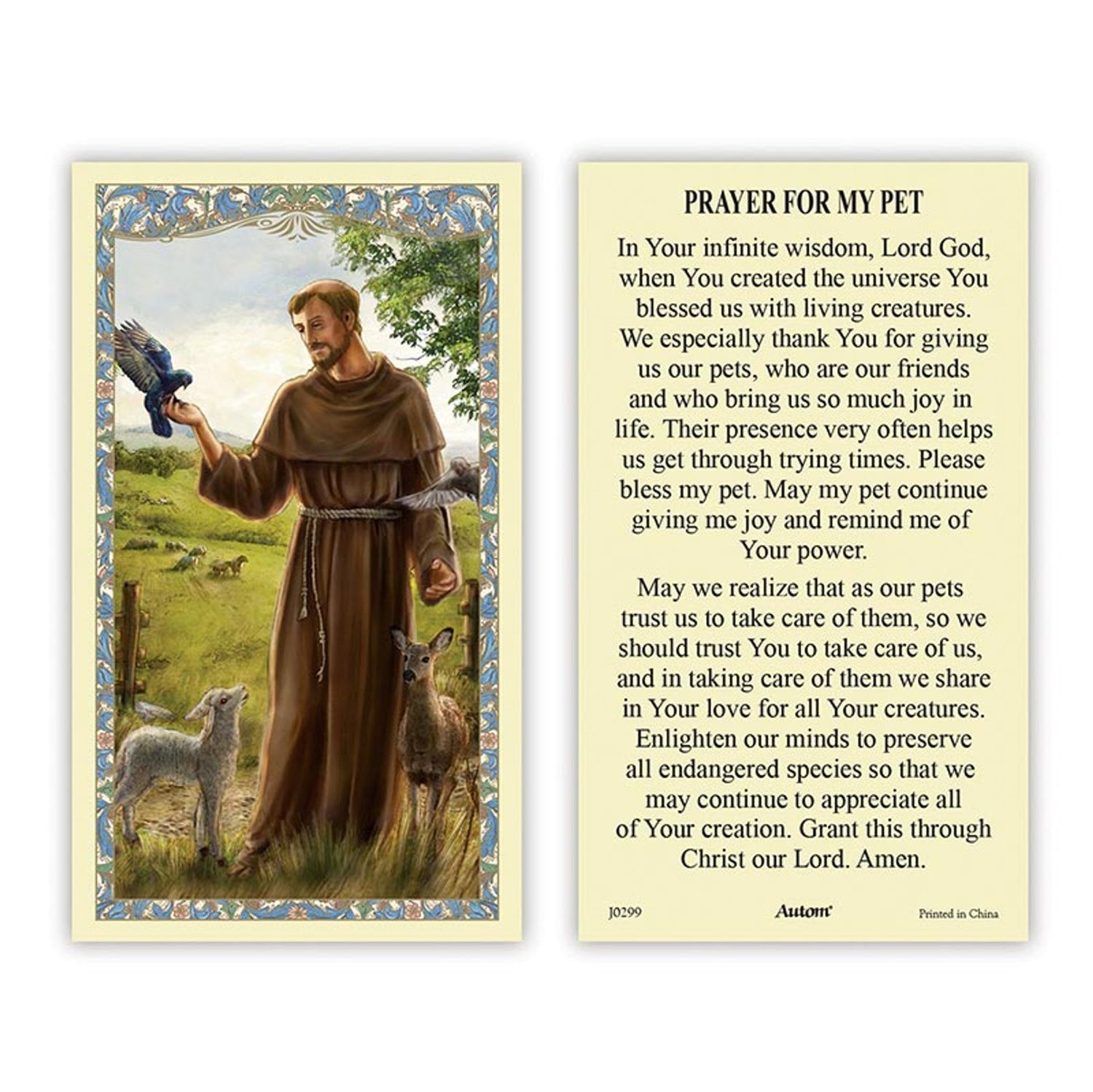 FRANCIS PRAYER FOR MY PET HOLY CARD
