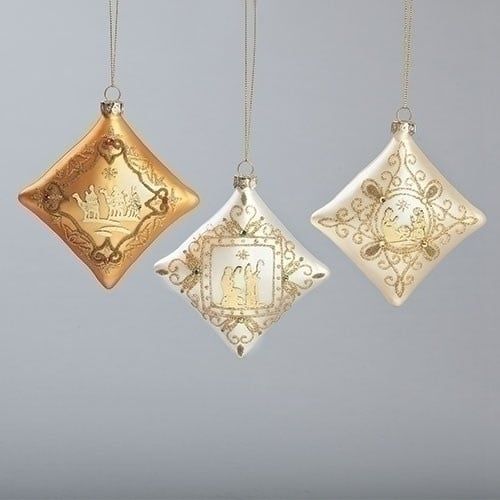 NATIVITY GLASS ORNAMENT W/GOLD 3PC 4&quot;H