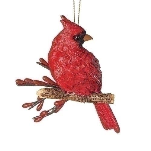 CARDINAL ON BRANCH ORNAMENT - 4.25&quot;H