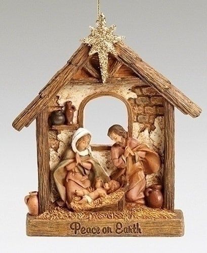 HOLY FAMILY ORNAMENT STABLE/PEACE - 4.5&quot;H - NC