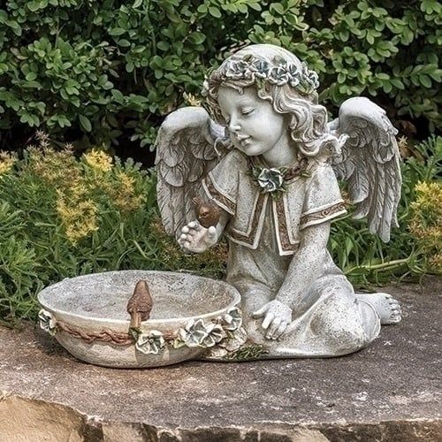 ANGEL BIRD BATH GARDEN SOLAR STATUE - 10.75&quot;H