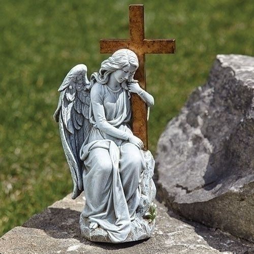 ANGEL W/CROSS ON STONE GARDEN STATUE - 13&quot;H