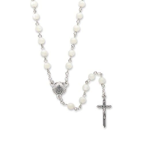 BAPTISM WHITE MOTHER OF PEARL ROSARY - 12.75&quot;L