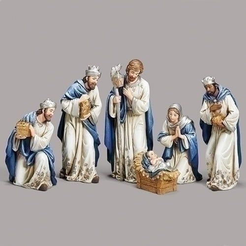 NATIVITY NAVY GEMS ON IVORY GOWN 6PC SET - 8.27&quot;H