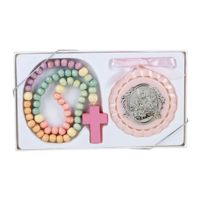 PINK PASTEL CRADLE MEDAL W ROSARY
