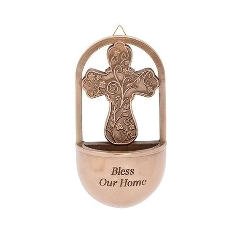 BLESS OUR HOME CROSS HOLY WATER FONT - 6&quot;H