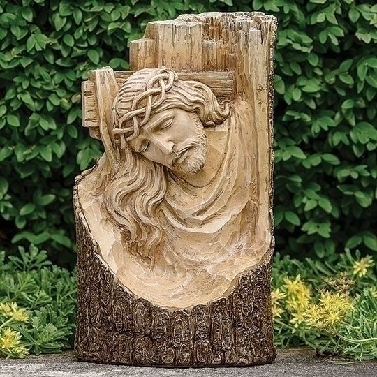 CARVED CROSS W/JESUS GARDEN STATUE - 12&quot;H