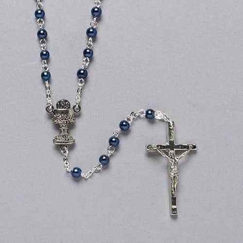 COMMUNION ROSARY  BLUE SLVR BOX - 15"L