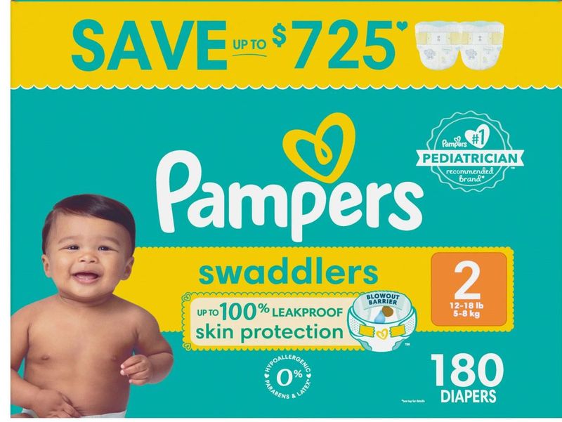 ​Pampers Swaddlers diapers, Size 2 (12-18 Pounds), 180 counts