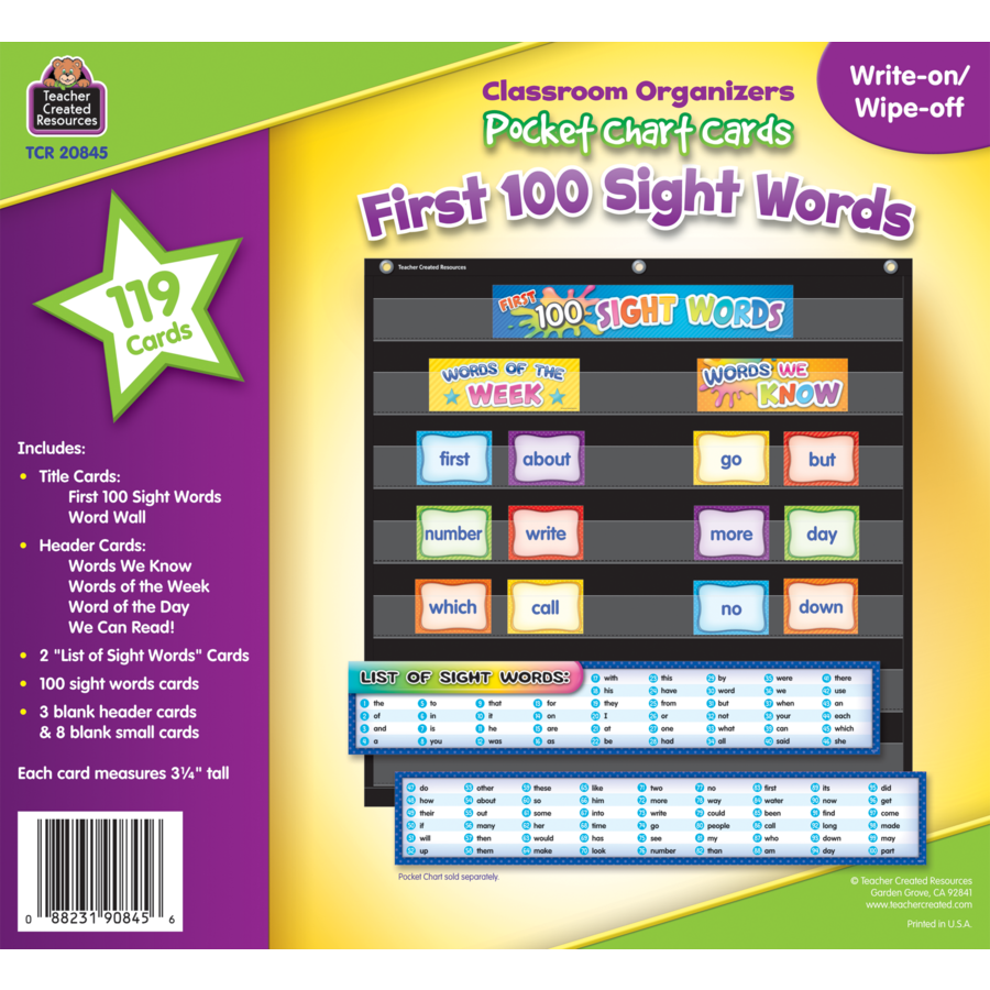 First 100 Sight Words Pocket Chart Cards