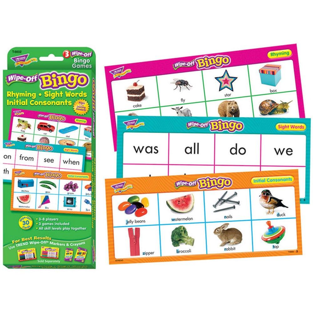 Rhyming, Sight Words, Initial Consonants Wipe-Off Bingo
