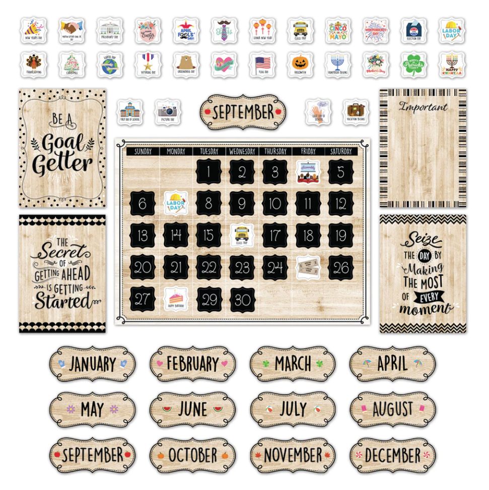 Core D√©cor Black, White, and Wood Calendar Set Bulletin Board