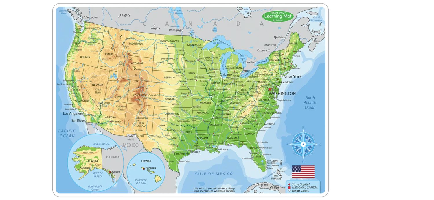USA Map Physical, Smart Poly Learning Mat, 2 Sided, 12&quot; X 17&quot;