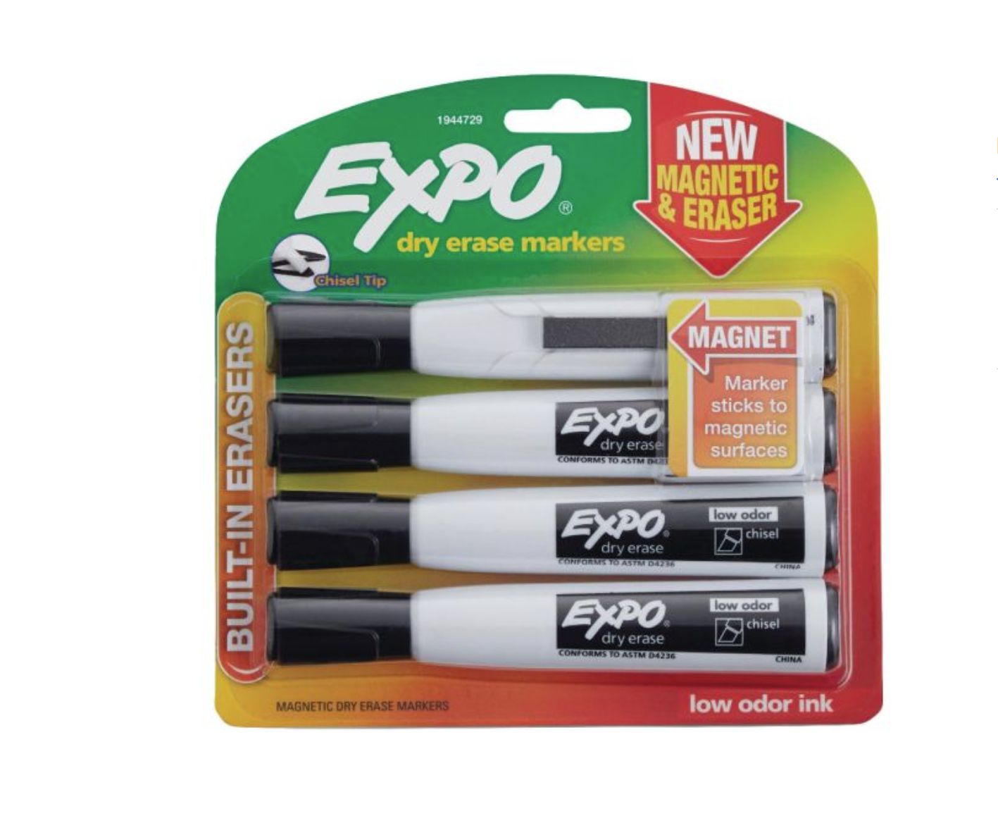 EXPO Magnetic Dry Erase Markers With Eraser, Chisel Tip, Black Ink, Pack Of 4