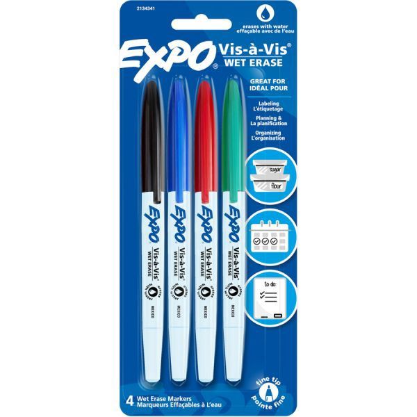 EXPO Vis-a-Vis Markers Wet Erase Fine Bullet Tip - Black, Blue, Red, Green