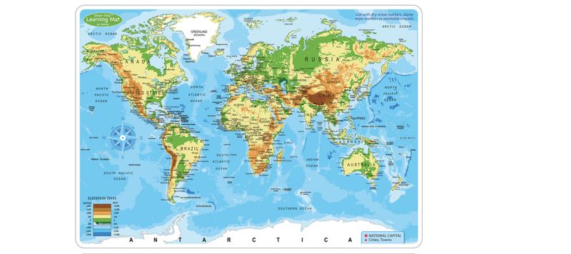 World Map Physical , Smart Poly Learning Mat, 2 Sided, 12&quot; X 17&quot;