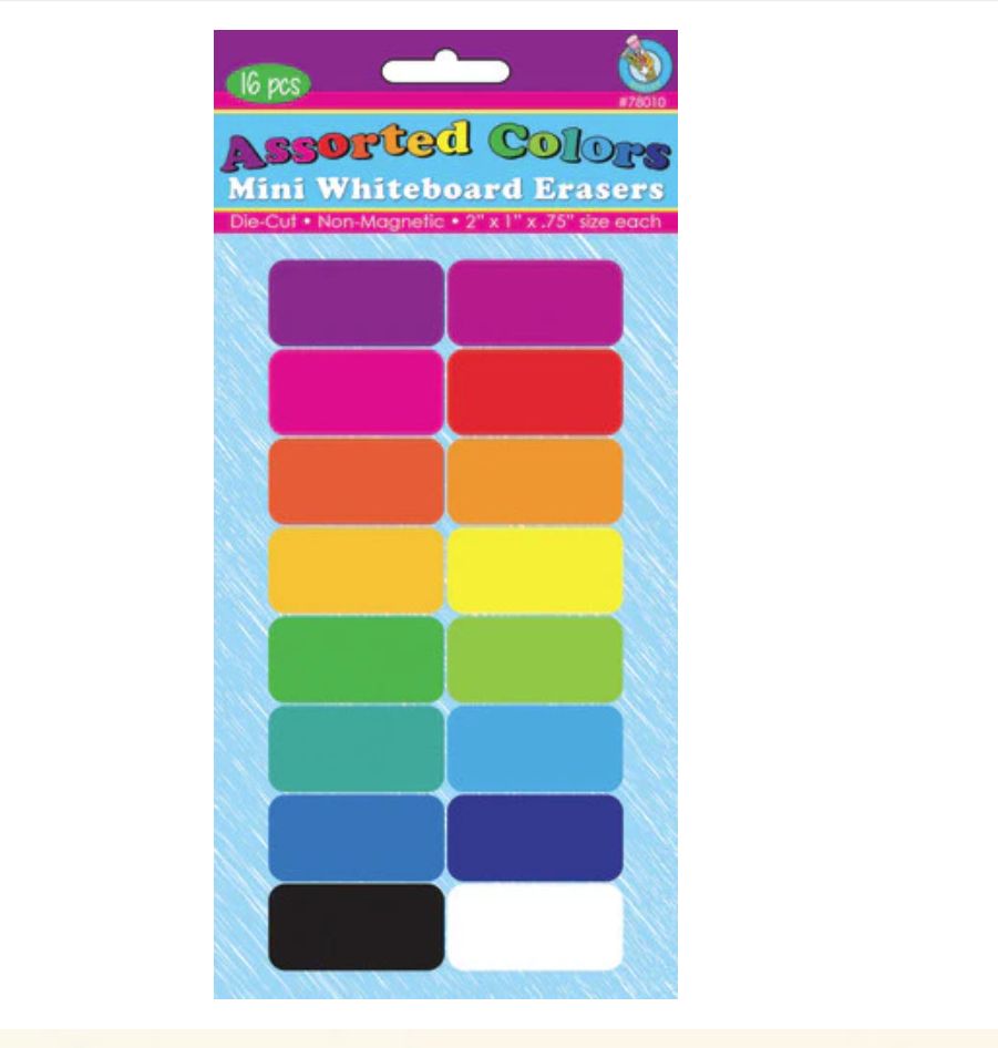 Non-Magnetic Mini Whiteboard Erasers, 16-Pack, Assorted Colors