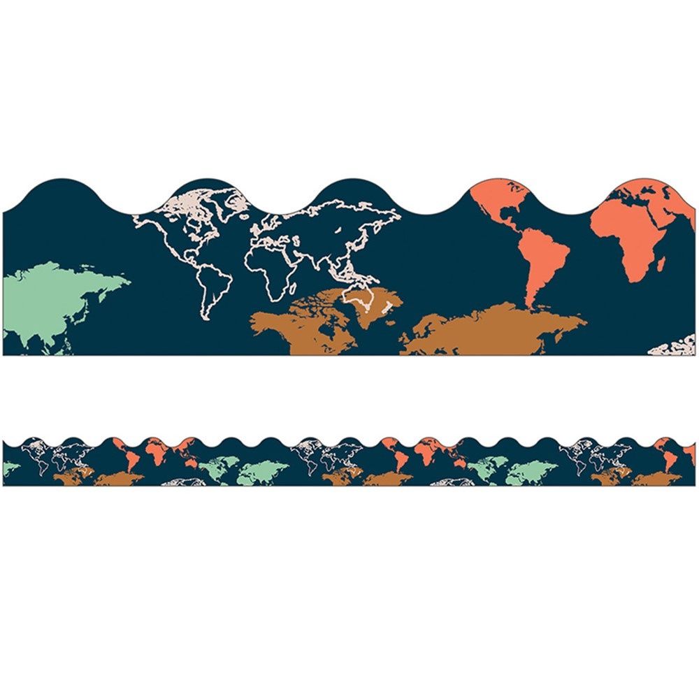 Let&#39;s Explore World Map Scalloped Border Trim, 36 Feet