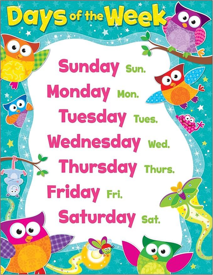Days of The Week Owl-Stars! Learning Chart, 17&quot; x 22&quot;