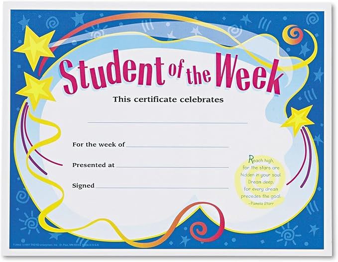 Student of the Week Certificates, 8-1/2 x 11, White Border, 30/Pack