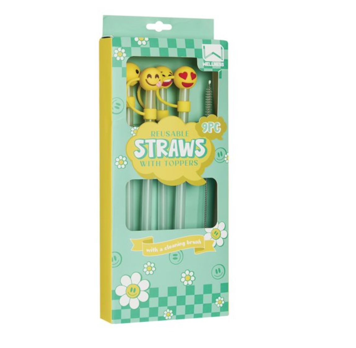 Reusable Straw Set with Toppers &amp; Cleaning Brush - Emojis