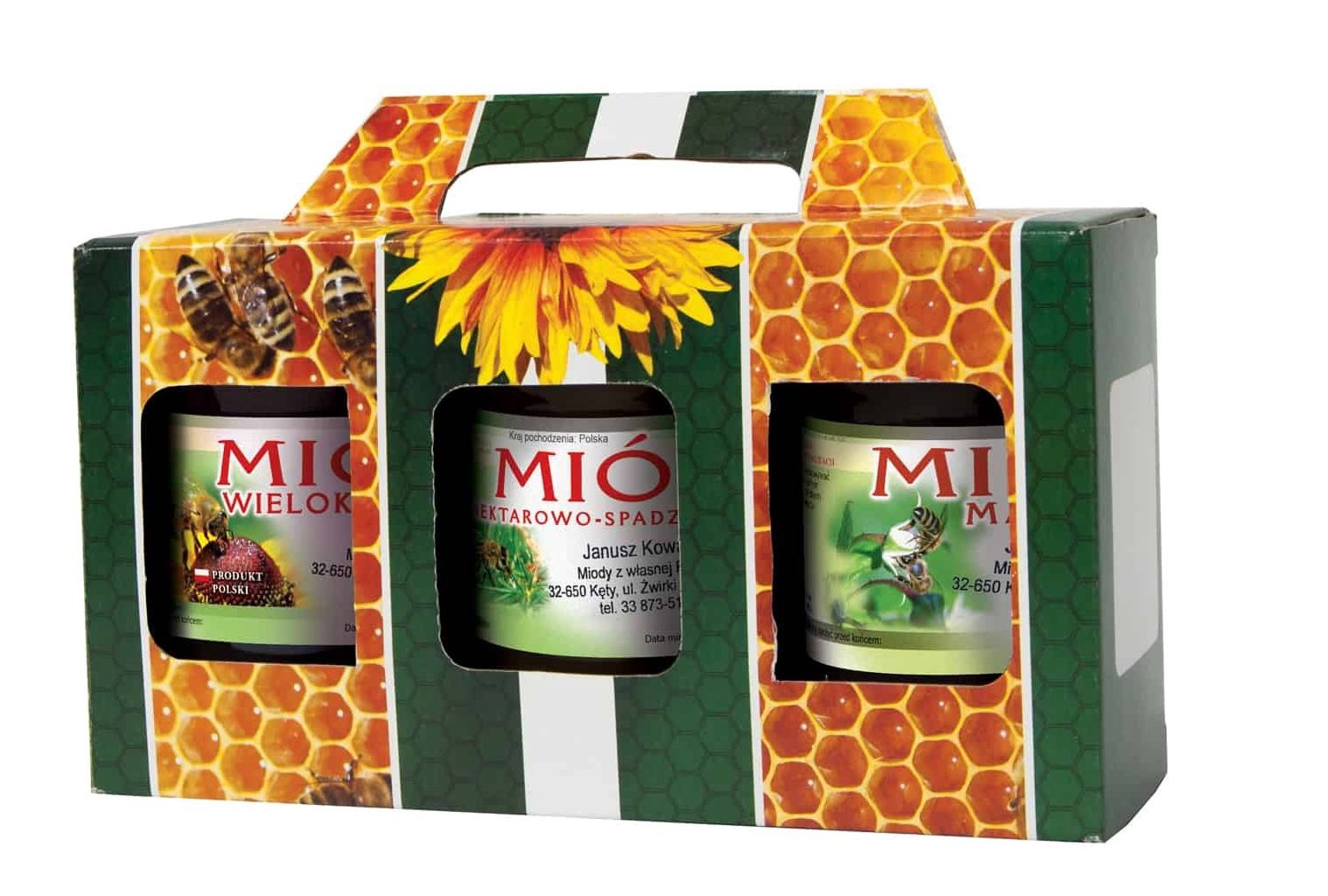 Boxes for the Jars of Honey 3 × 315 ML (Various Designs) - 20 pcs, Design: Green &amp;amp; Gold