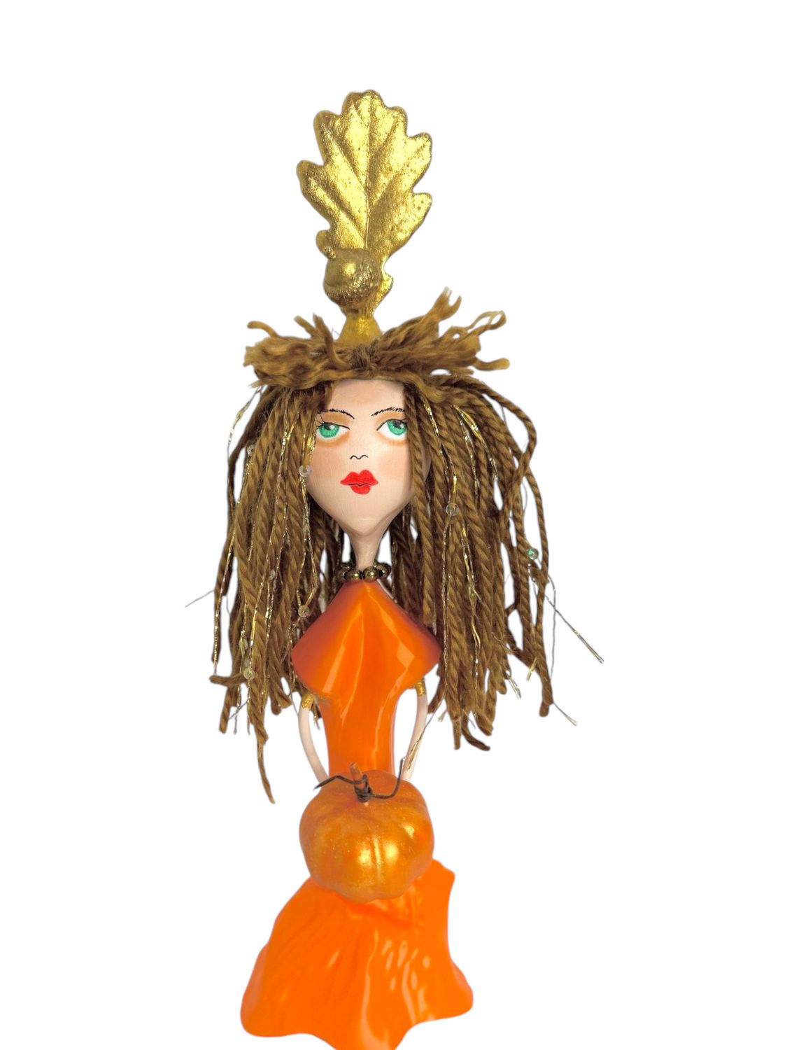 Pumpkin Girl with Gold Fall Leaf Hat