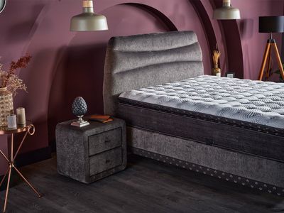 Continental bed Melodie with linen box and orthopaedic mattress. Bed set: bed base, mattress, headboard, legs. Dimensions: 90 x 200 cm, 120 x 200 cm, 140 x 200 cm, 160 x 200 cm, 180 x 200 cm, 200 x 200 cm. Grey bed. Furniture store Manx Mēbeles Jelgava, Pulkveža Brieža iela 4