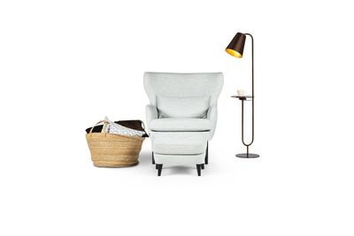 Armchair Papillon, manufacturer Bellus. Delivery 8-9 weeks. Can be ordered with/without footrest in various fabrics. Wooden leg in a choice of shades. Furniture store Jelgava, Manx Mēbeles, Pulkveža Brieža iela 4