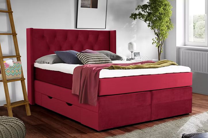 Bed Elegance with laundry boxes on castors. Bed set: bed base with laundry boxes, sprung mattress with a choice of firmness, HR top mattress, headboard, footboard. Wide choice of fabrics. Bed Sizes: 140 x 200 cm, 160 x 200 cm, 180 x 200 cm, 200 x 200 cm. Individual sizes on request. Sime Beds continental beds. Furniture store Jelgava, Pulkveža Brieža iela 4, Jelgava