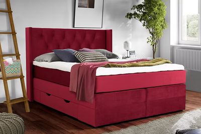 Bed Elegance with laundry boxes on castors. Bed set: bed base with laundry boxes, sprung mattress with a choice of firmness, HR top mattress, headboard, footboard. Wide choice of fabrics. Bed Sizes: 140 x 200 cm, 160 x 200 cm, 180 x 200 cm, 200 x 200 cm. Individual sizes on request. Sime Beds continental beds. Furniture store Jelgava, Pulkveža Brieža iela 4, Jelgava