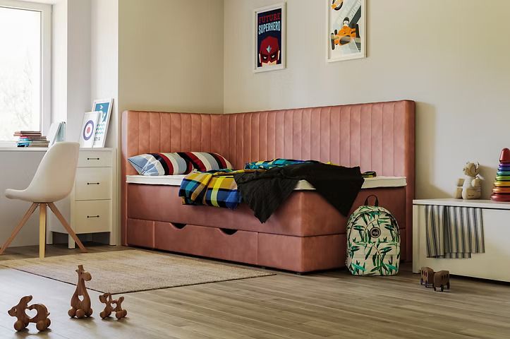 Nora bed with choice of mattresses, laundry box and wall panel in easy-care CLOUD fabric. Nora bed set: roll-out laundry box, headboard, spring mattress: soft, medium, firm, HR va Visco top mattress, side panel, bed legs. Bed with side edge. Bed with edge. Bed for children. Bed for teenagers. Bed for young people. Bed for teens. Soft bed for children. 80 x 200 cm, 90 x 200 cm, 120 x 200 cm. Furniture store in Jelgava, Pulkveža Brieža iela 4. Manx Mēbeles