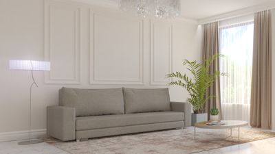 Sofa with a laundry box in Boston furniture store in Jelgava, Manx Mēbeles. 10 x221 cm, 107x233 cm, for sleeping 197x120 cm
