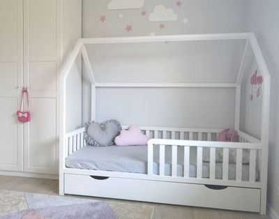 Children&#39;s bed Cottage with safety board, double mattress and laundry box. Furniture store Manx Mēbeles Jelgava