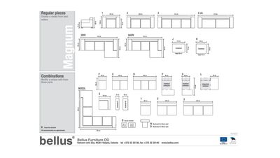 The Bellus Magnum modular sofa series: dimensions. Bellus Magnum sofas gives you the opportunity not only to buy a ready-made chair, sofa or corner sofa, but also to create a sofa from optional modules in the size that suits you best. Bellus chairs, Bellus sofas, Bellus corner sofas, Bellus modular sofas. Sofas and upholstered furniture in Jelgava, Bellus furniture in Jelgava. Furniture store Manx Mēbeles, Jelgava, Pulkveža Brieža iela 4