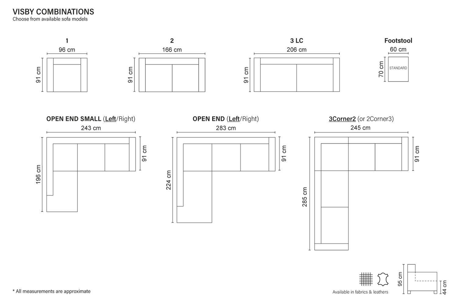 Bellus sofa Visby dimensions 91 x 96 cm, 91 x 166 cm, 91 x 206 cm, corner sofas with choice of right/left corner 196 x 243 x 91 cm, 224 x 283 x 91 cm, 245 x 245 x 91 cm, 285 x 245 x 91 cm Choice of wooden or metal legs. Choice of decorative cushion design. Available in fabric and leather. Quality sofas, Bellus sofas, Jelgava, Furniture store Manx Mēbeles, Pulkveža Brieža iela 4