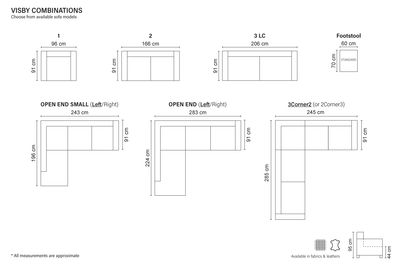 Bellus sofa Visby dimensions 91 x 96 cm, 91 x 166 cm, 91 x 206 cm, corner sofas with choice of right/left corner 196 x 243 x 91 cm, 224 x 283 x 91 cm, 245 x 245 x 91 cm, 285 x 245 x 91 cm Choice of wooden or metal legs. Choice of decorative cushion design. Available in fabric and leather. Quality sofas, Bellus sofas, Jelgava, Furniture store Manx Mēbeles, Pulkveža Brieža iela 4