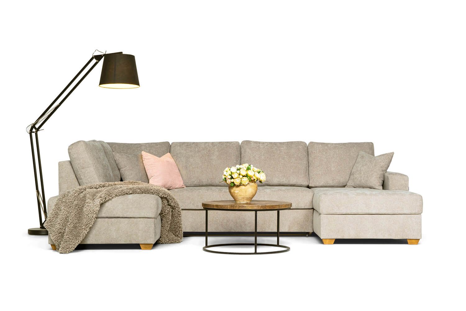 U-shaped pull-out sofa with two storage boxes. U-shaped sofas in Jelgava, Bellus sofas Manx Furniture. Choice of fabric.