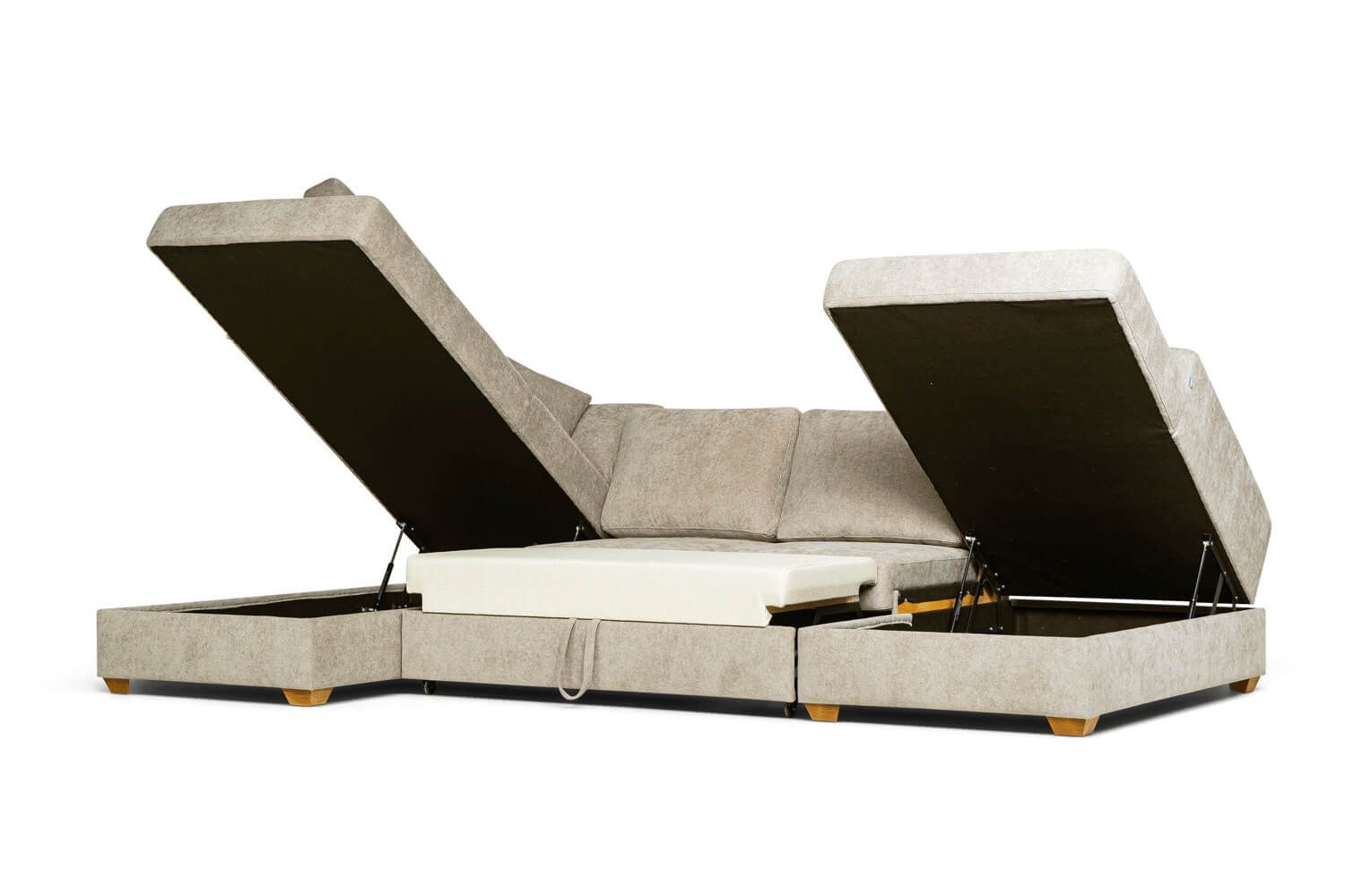 U-shaped pull-out sofa with two storage boxes. U-shaped sofas in Jelgava, Bellus sofas Manx Furniture. Choice of fabric. 