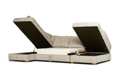 U-shaped pull-out sofa with two storage boxes. U-shaped sofas in Jelgava, Bellus sofas Manx Furniture. Choice of fabric. 