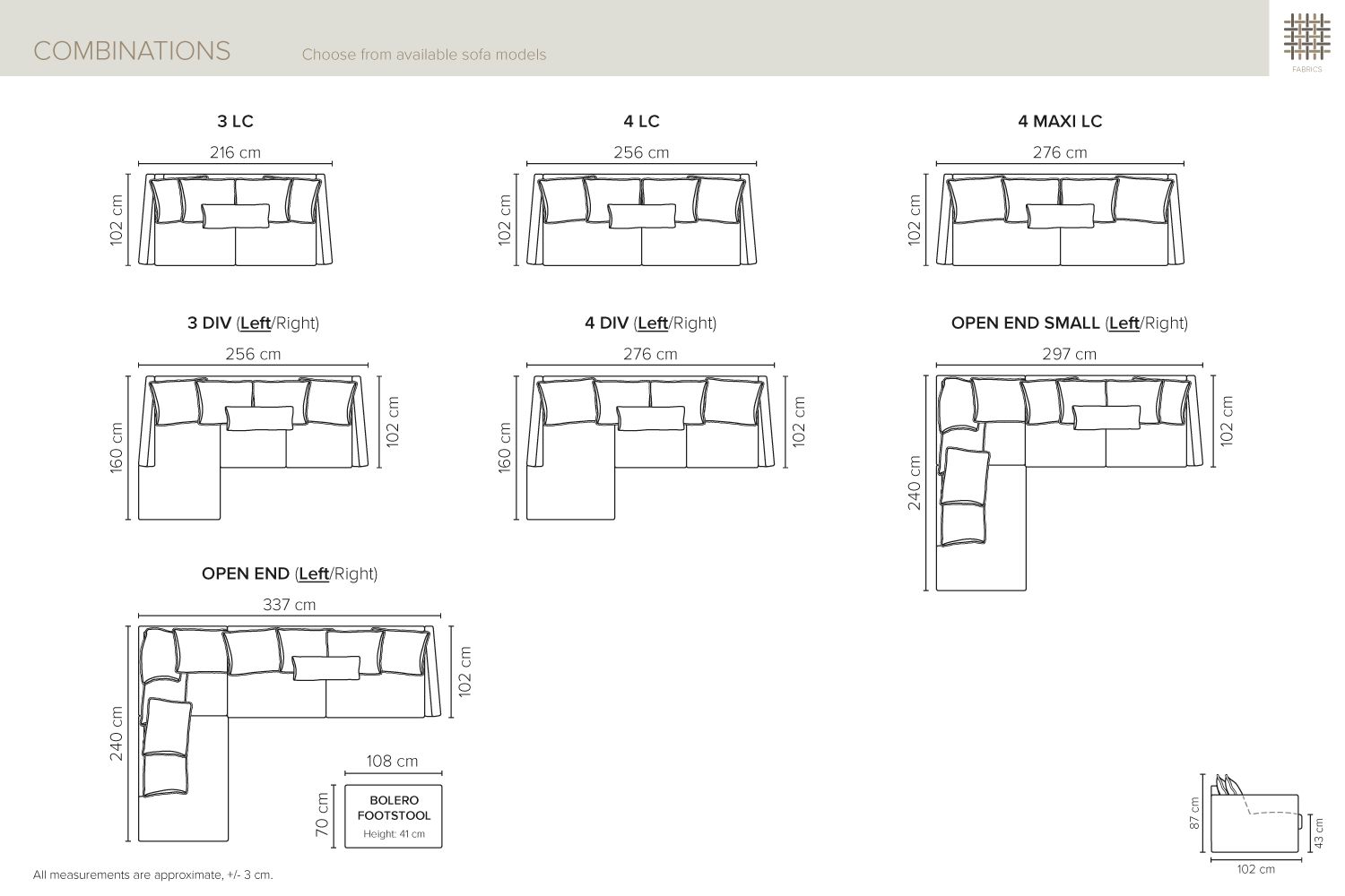 Bellus Bolero Sofa—available in both straight and corner styles. Available at the Manx Mēbeles furniture. Size, dimensions