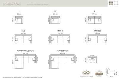 Sofa Nube. Sofa dimensions. Bellus sofa Nube models and measurments. Available as armchair, sofas and corner sofas. The corner can be changed - right or left. High comfort sofa with pocket springs, HR and feather filling. Choice of sofa in fabric and leather. Furniture store Manx Mēbeles, Jelgava, Pulkveža Brieža iela 4. 