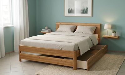 Solid wood bed with storage. Dimensions: 90 x 200, 120 x 200, 140 x 200, 160 x 200, 180 x 200 cm. Custom sizes available.