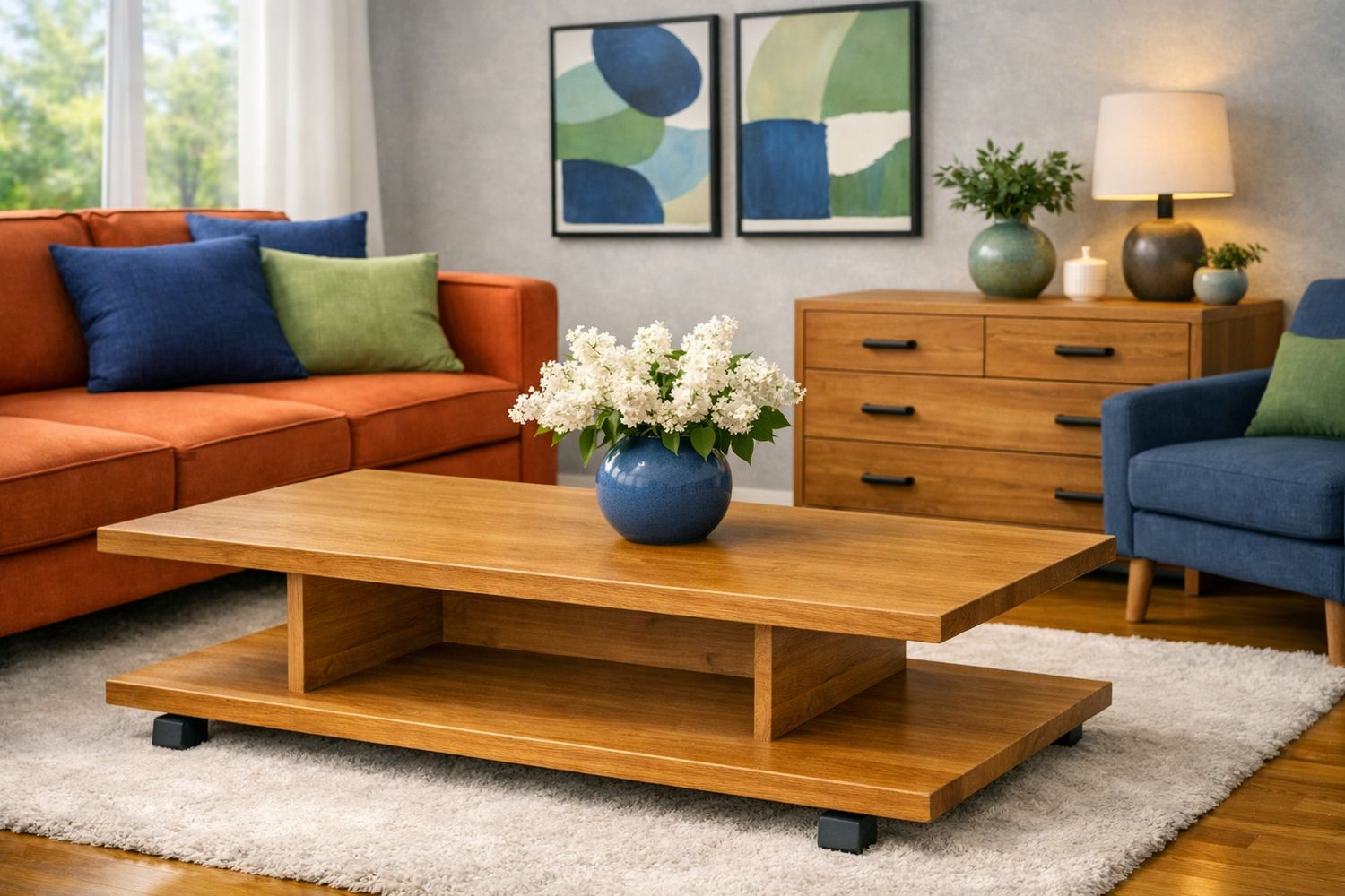 Wooden coffee table on wheels in an ETA interior. Solid black alder wood furniture in Jelgava, Bauska, Dobele, Riga, Auce