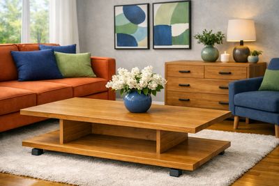 Wooden coffee table on wheels in an ETA interior. Solid black alder wood furniture in Jelgava, Bauska, Dobele, Riga, Auce