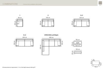 Sofa Alto  measurments- armchair, sofas, corner sofas versions. Manufacturer Bellus. Bellus sofa. Feather and fine foam filling. Wide choice of fabrics. Furniture store Manx Mēbeles, Jelgava, Pulkveža Brieža iela 4