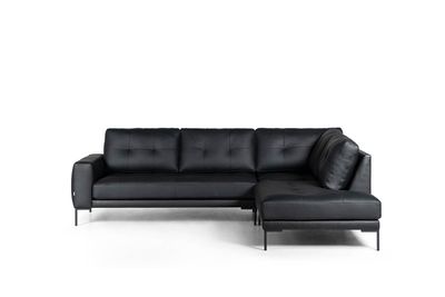 Sofas and corner sofas Rudolf. Bellus sofas. In the picture Bellus black leather corner sofa Rudolf.  Choice of right or left corner sofa. Wide choice of fabrics and leathers. Sofa with metal legs. Sofas and chairs in Jelgava. Furniture store Manx Mēbeles, Pulkveža Brieža iela 4, Jelgava
